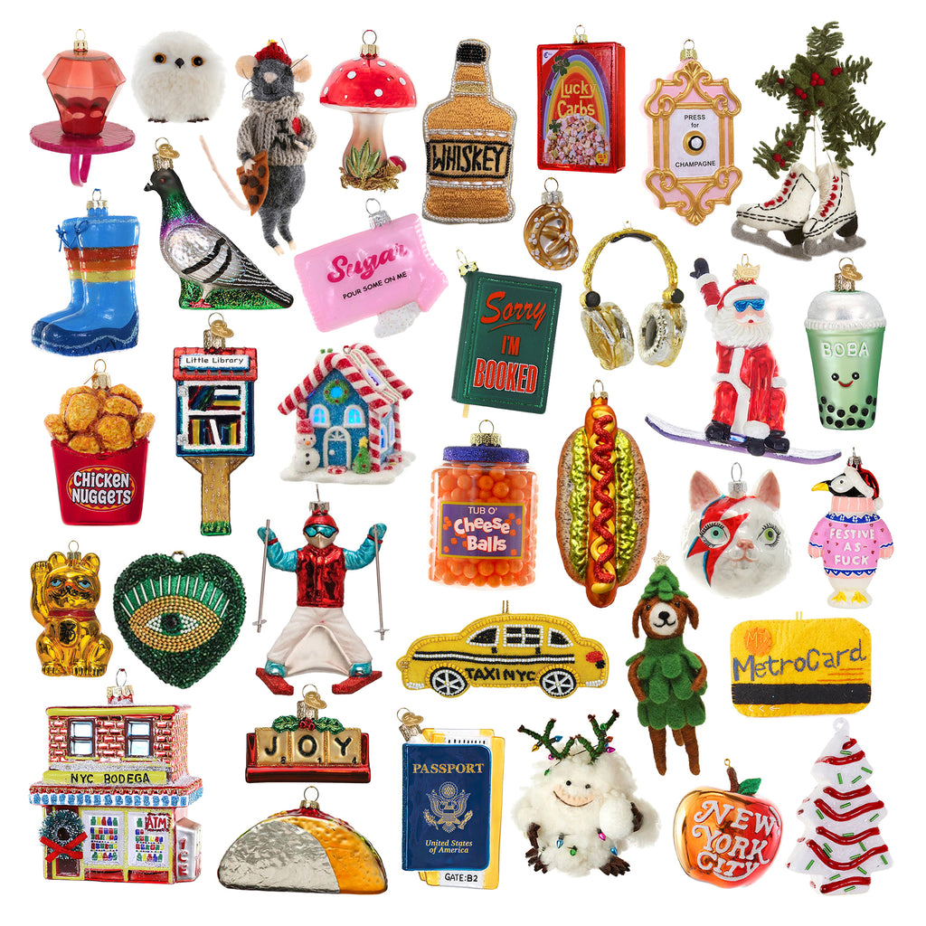 A collage of various colorful Christmas tree ornaments.