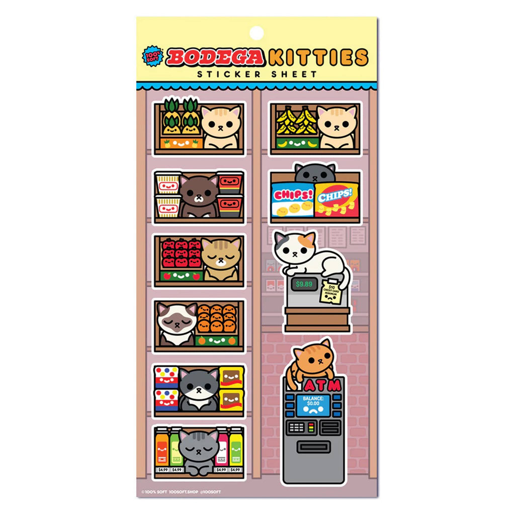 Sticker sheet with cute bodega cat illustrations in packaging.