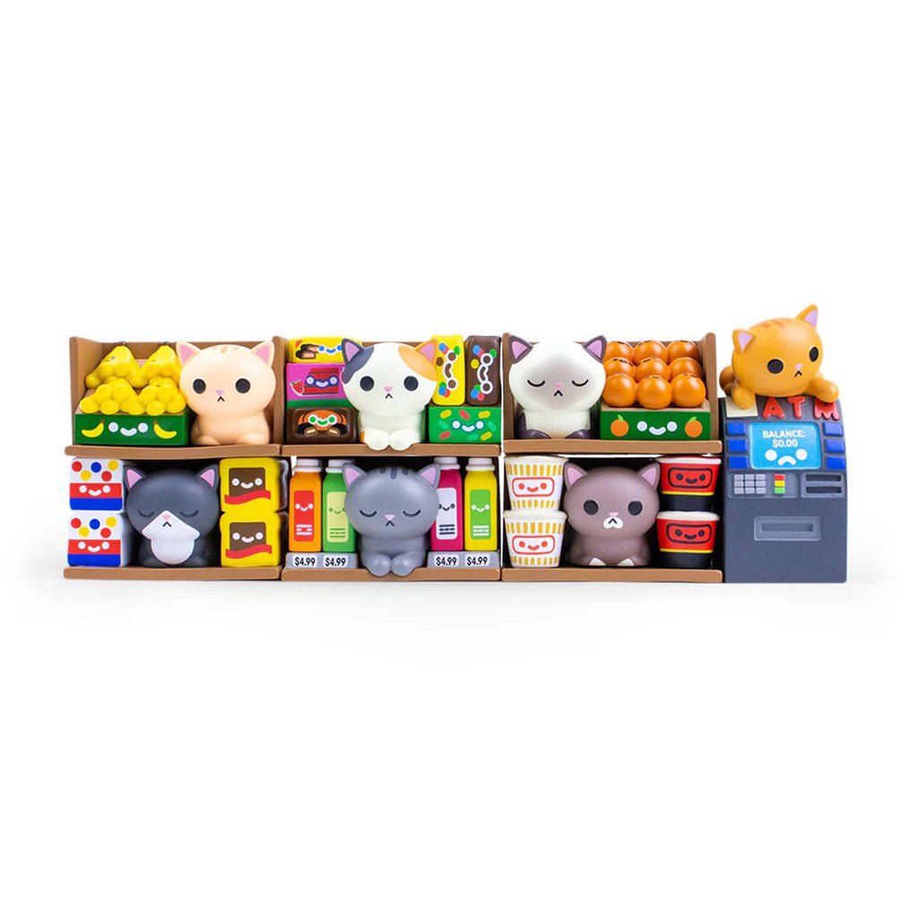 Collection of 7 small cat figurines with bodega items, stacked on a white background.