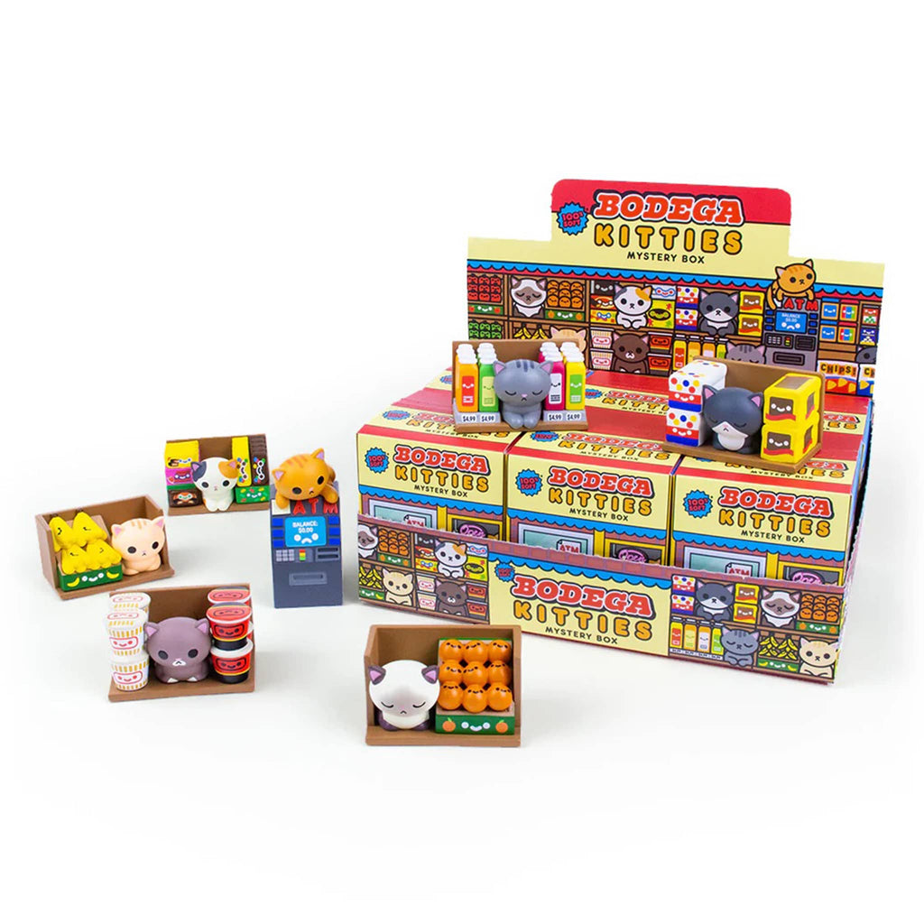 Bodega Kitties Mystery Box toy collection with packaging on a white background.