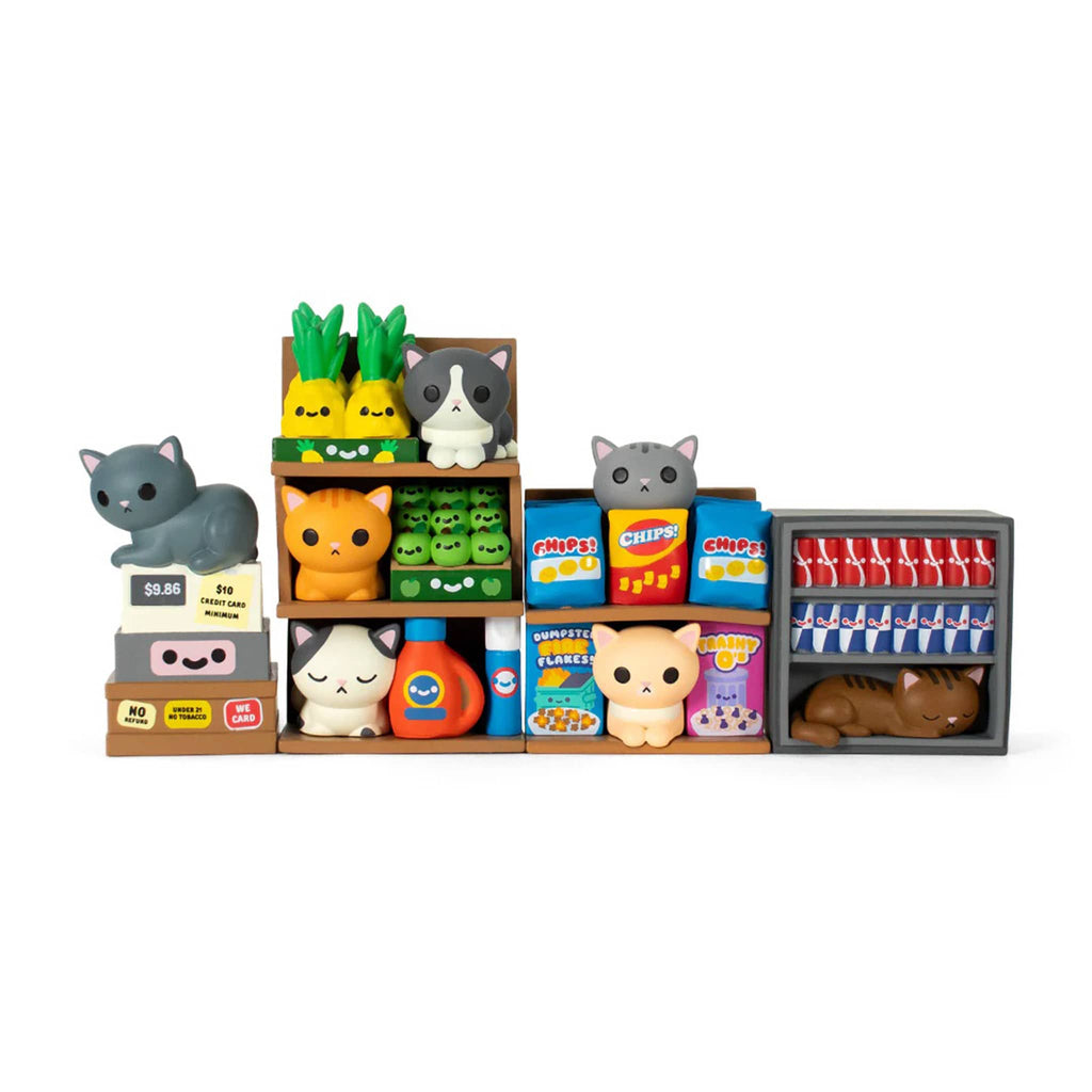 Collection of 7 small cat figurines with bodega items, stacked on a white background.