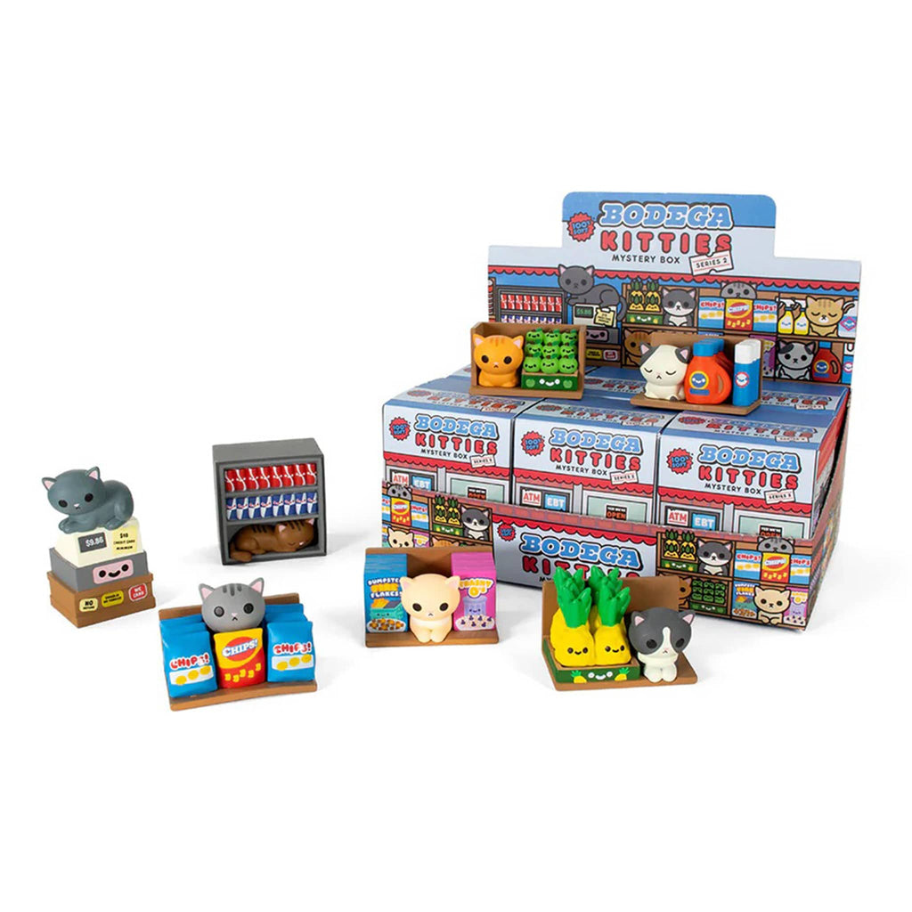 Collection of 'Bodega Kitties' collectible figures and packaging on a white background.