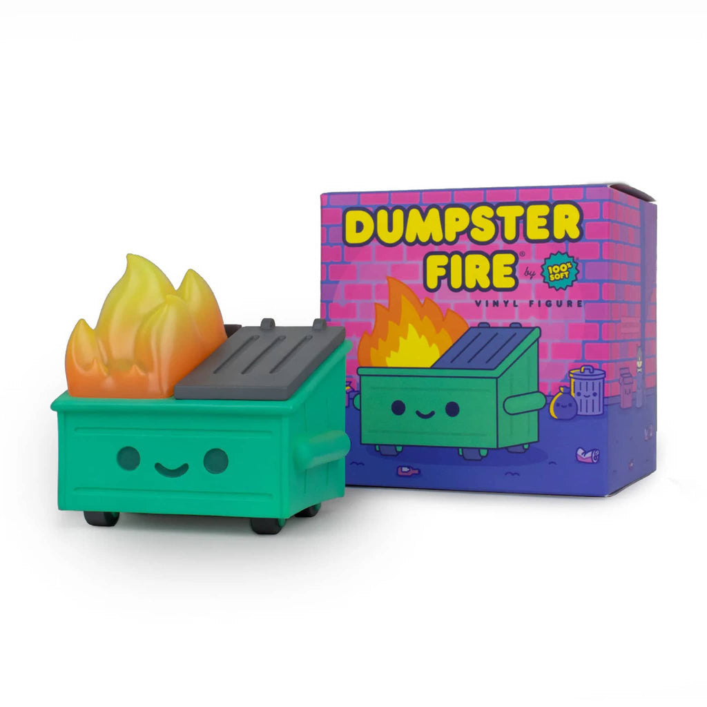 Vinyl figure of a green dumpster with flames and packaging labeled 'Dumpster Fire' on a white background.