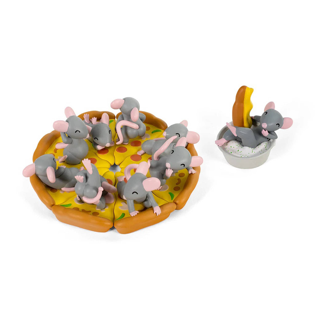 Pizza Rats After Dark Mystery Box figurines arranged to form a pizza with one in dipping sauce, on a white background.