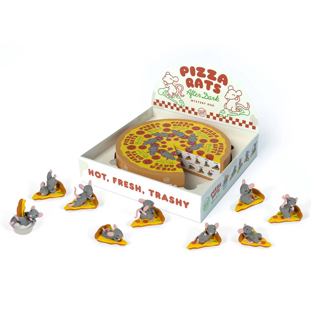 Pizza Rats After Dark Mystery Box figurines with packaging and display on a white background.