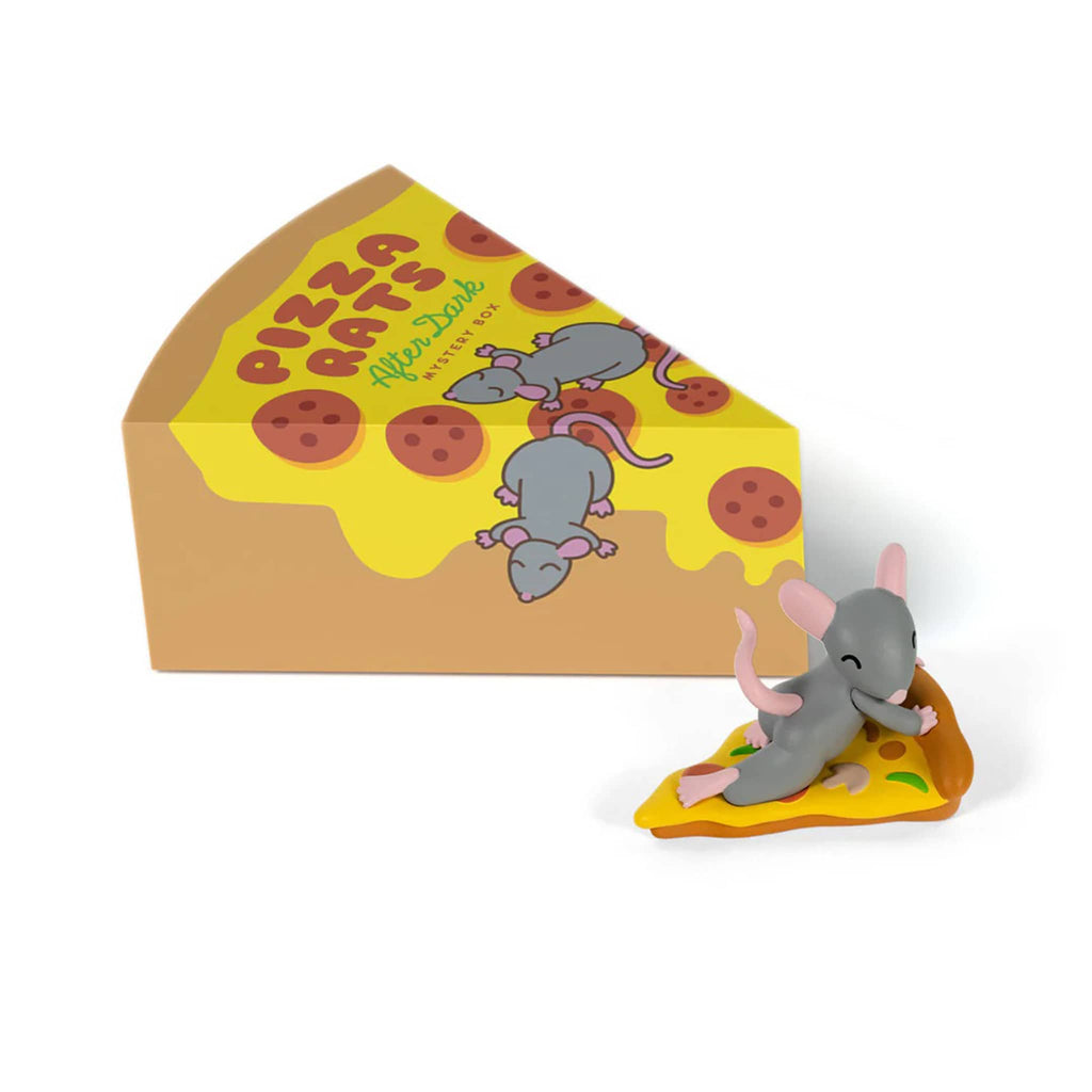 Rat figurine on a pizza slice with a toy pizza slice box in the background.