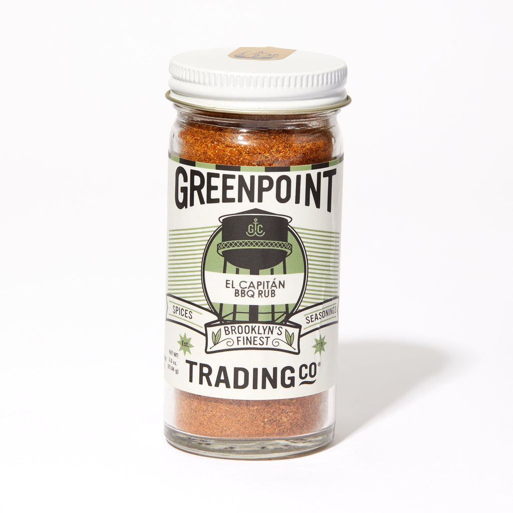 Greenpoint Trading Co El Capitan BBQ seasoning blend in glass jar, front view.
