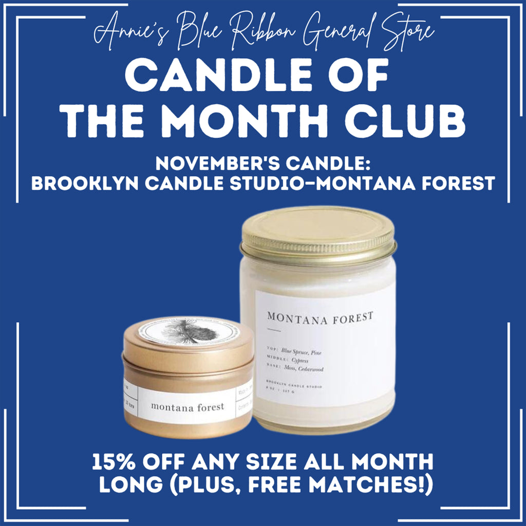 November 2023 Candle of the Month Club is Brooklyn Candle Studio's Montana Forest scent.