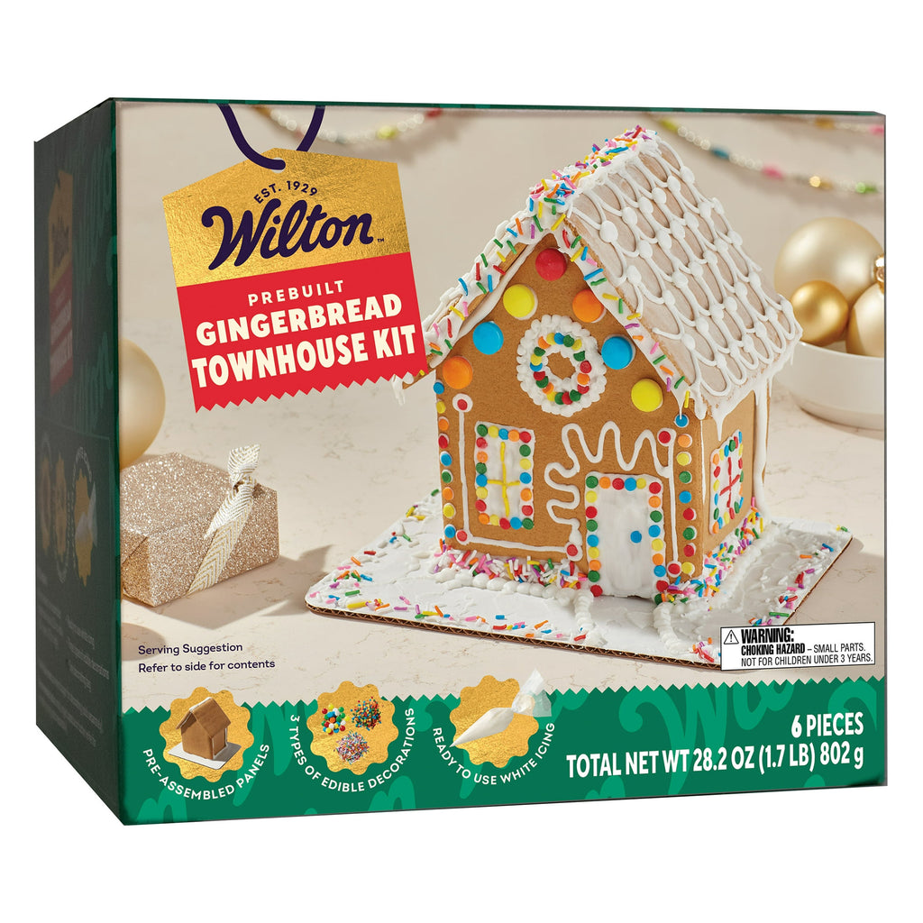 Wilton Pre-Built Gingerbread Townhouse Kit in box packaging, front angle.