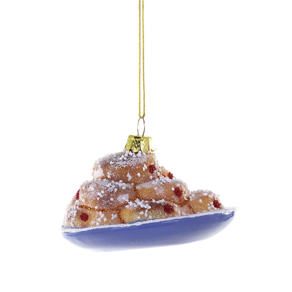 Decorative sufganiyah glass ornament on a white background.