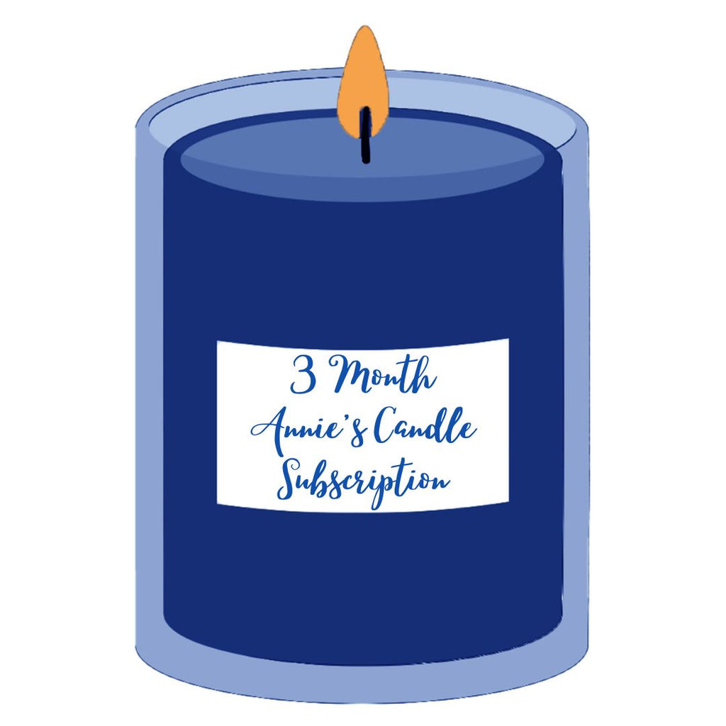 Illustration of a blue candle with a white label that says "3 month annie's candle subscription".