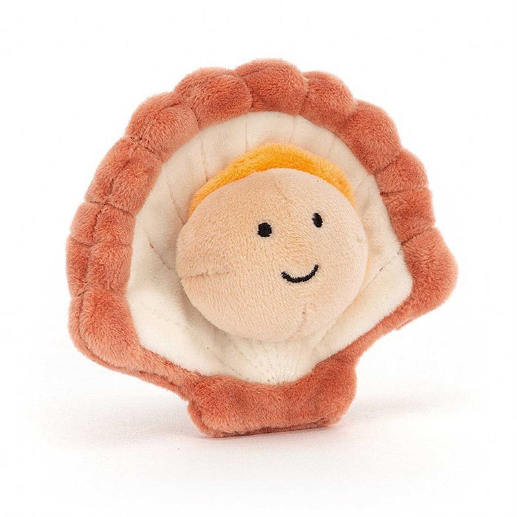 Jellycat Sensational Seafood Scallop plush toy, front view.