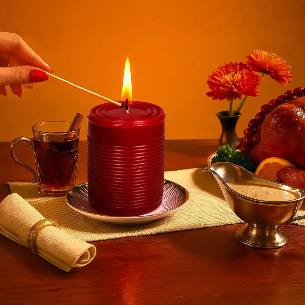 Red candle that looks like canned cranberry sauce being lit on a table with a cup of mulled wine, gravy boat, and flowers in the background.