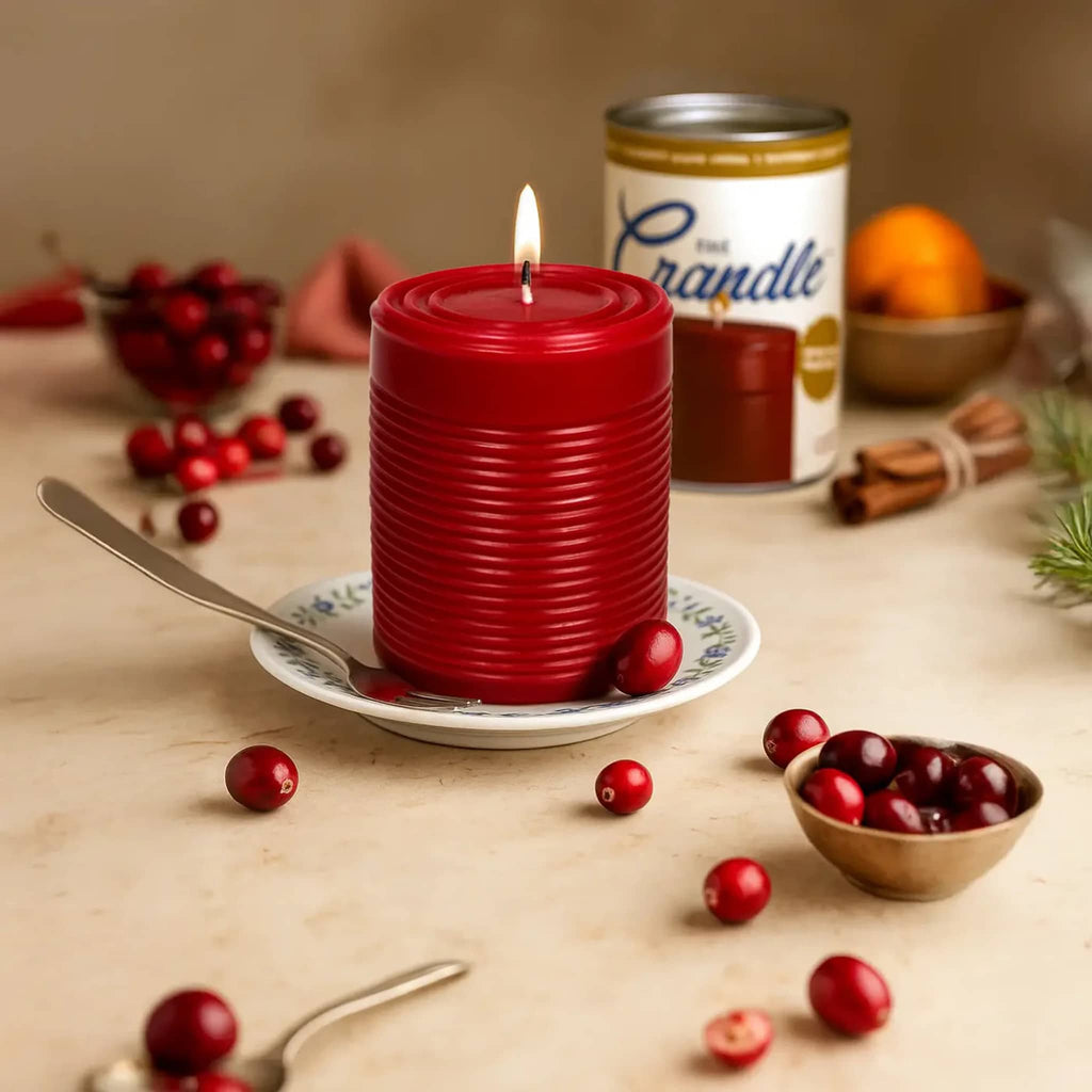 Red candle that looks like canned cranberry sauce lit on a plate with cranberries around and can packaging in the background.