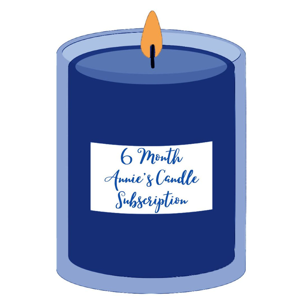 Illustration of a blue candle with a white label that says "6 month annie's candle subscription".