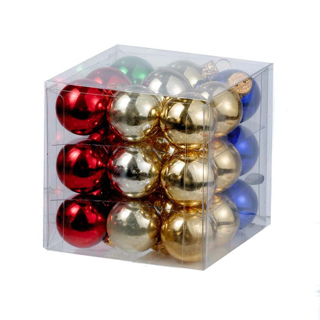 kurt adler miniature multicolored shiny glass ball ornaments in clear plastic box packaging.