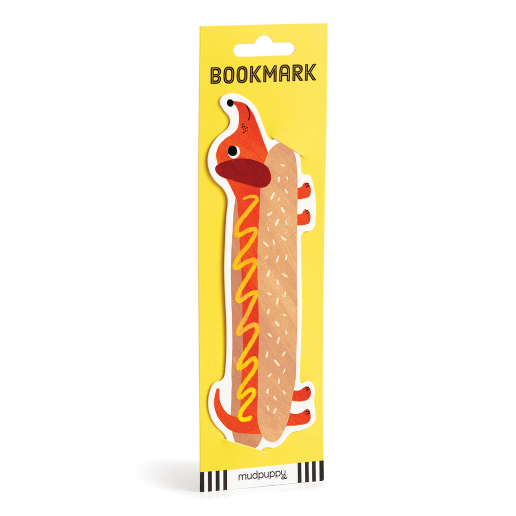 Hot dog-shaped bookmark in packaging with 'Bookmark' text and Mudpuppy logo.