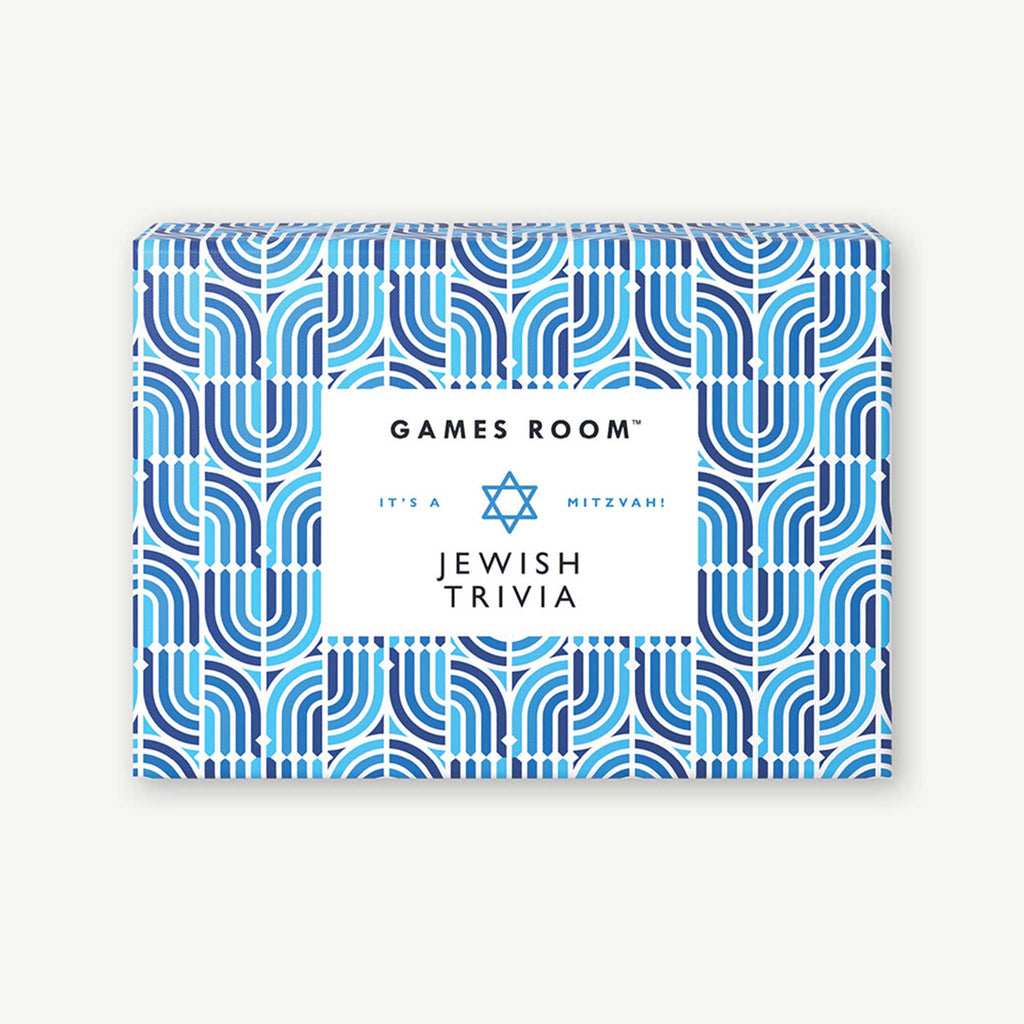 Chronicle Games Room It's a Mitzvah! Jewish Trivia cards in geometric menorah print box in blue and white, front of packaging.