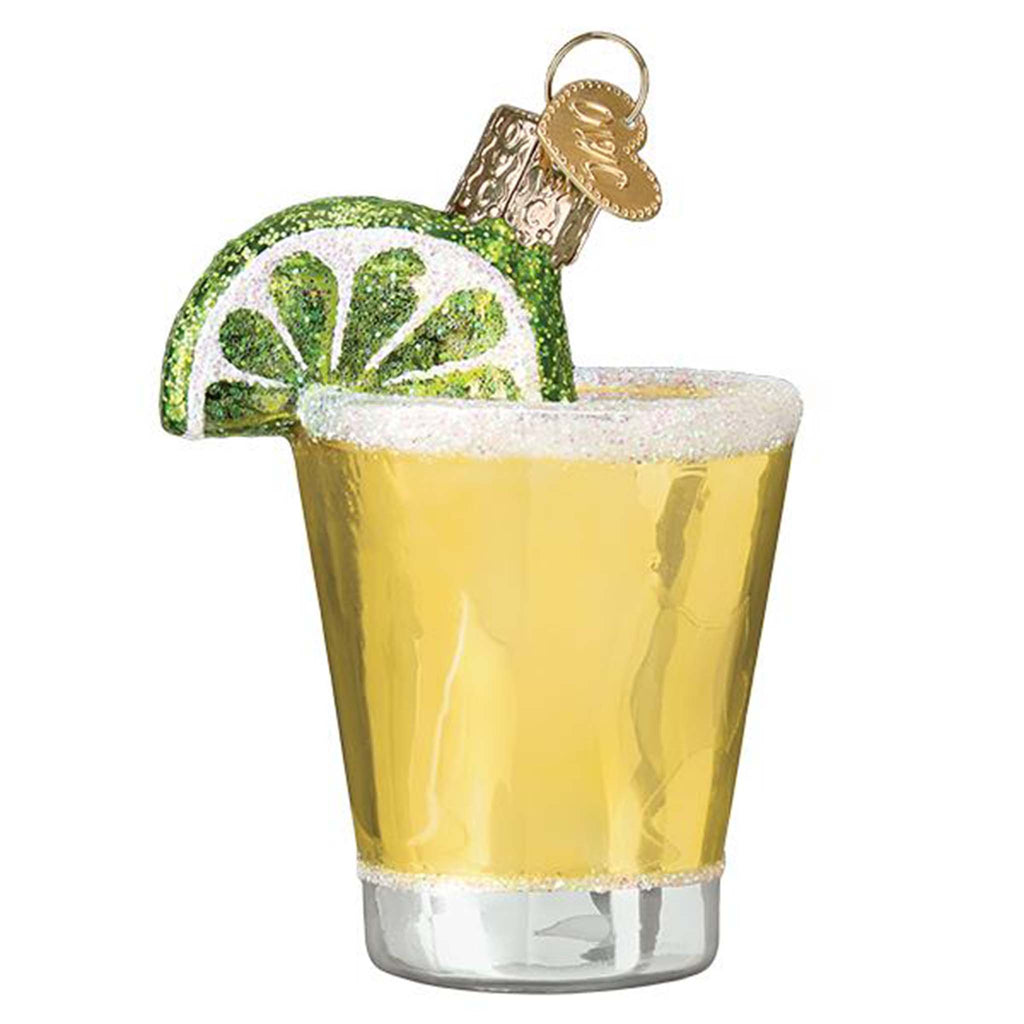 Old World Christmas Tequila Shot glass holiday ornament, front view.