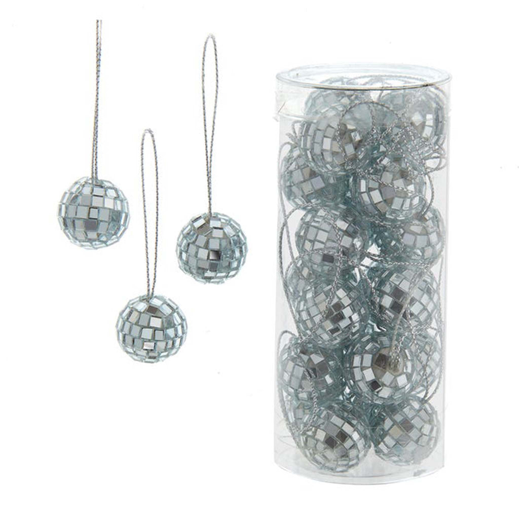 kurt adler miniature glass silver mirrored ball ornaments, set of 24 in acetate cylinder packaging.