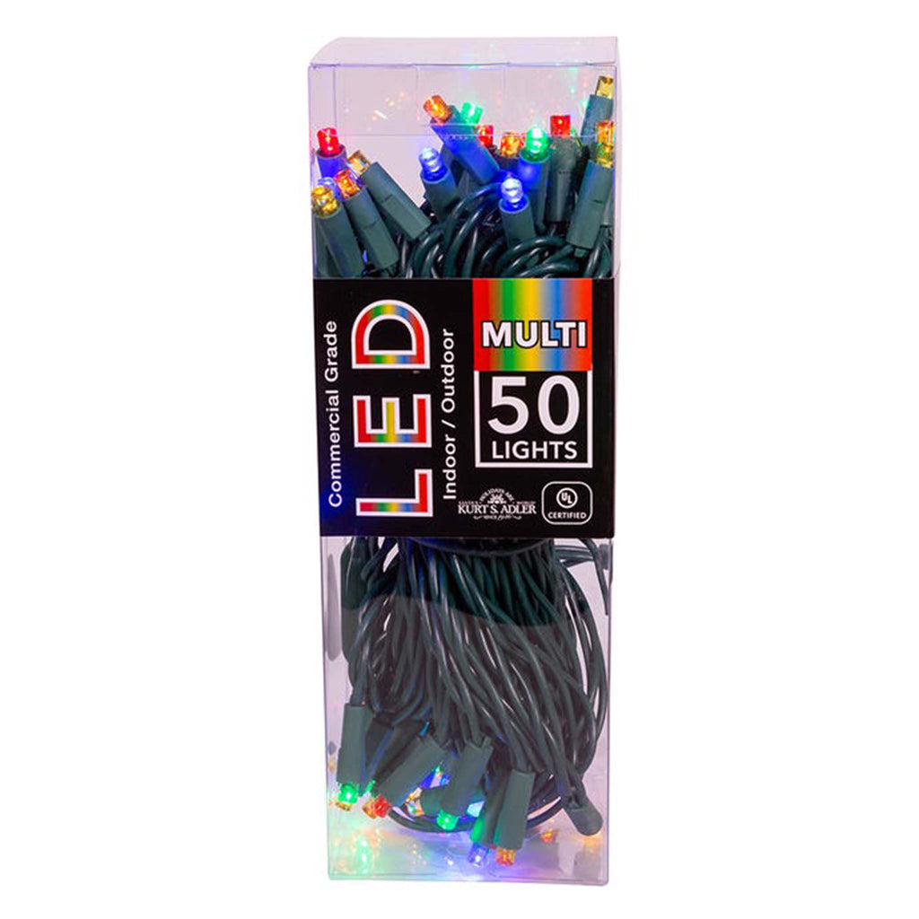 Kurt Adler 25.5 foot long multicolor 5mm LED light set in clear plastic box packaging.