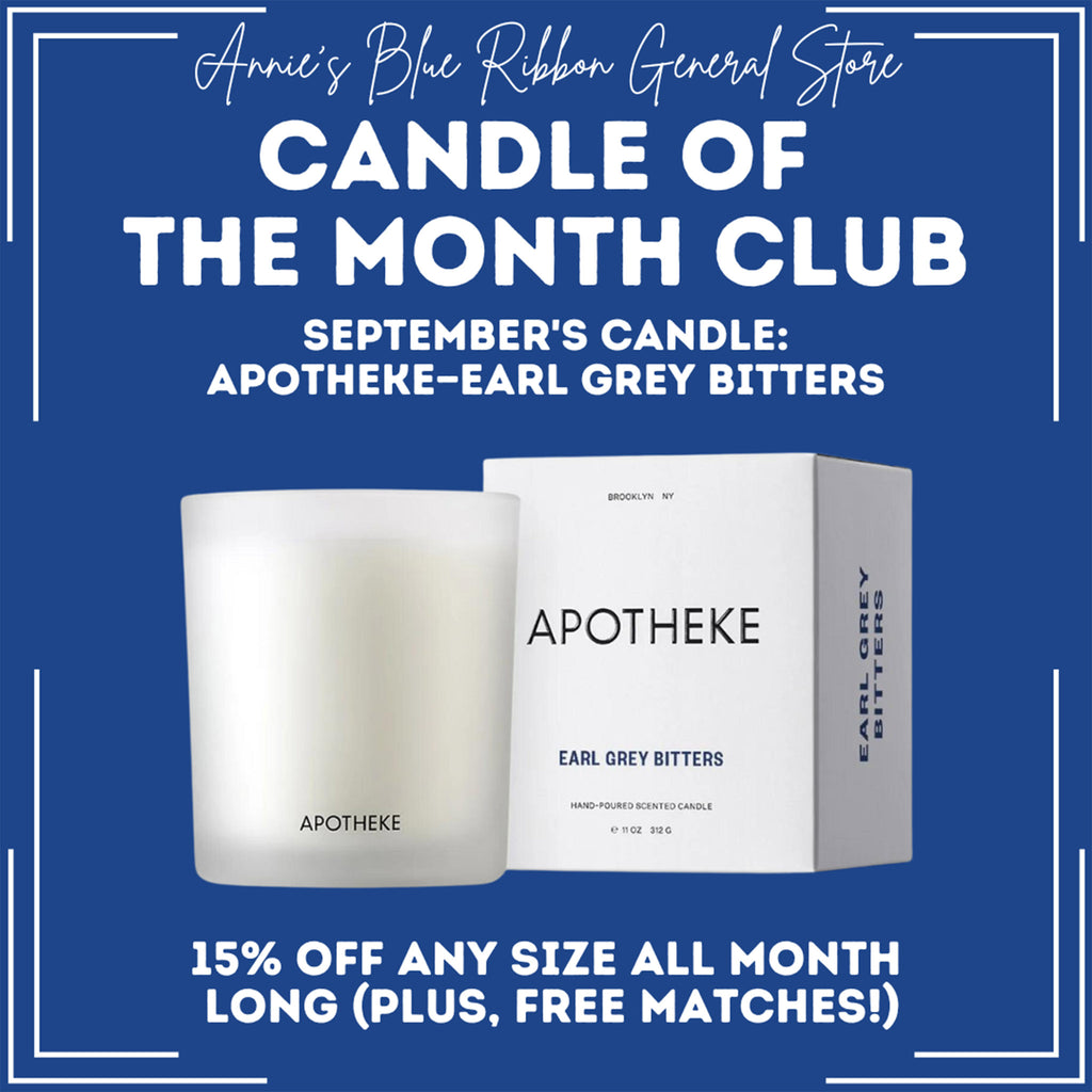 September 2023 candle of the month is Apotheke Earl Grey Bitters in both sizes.