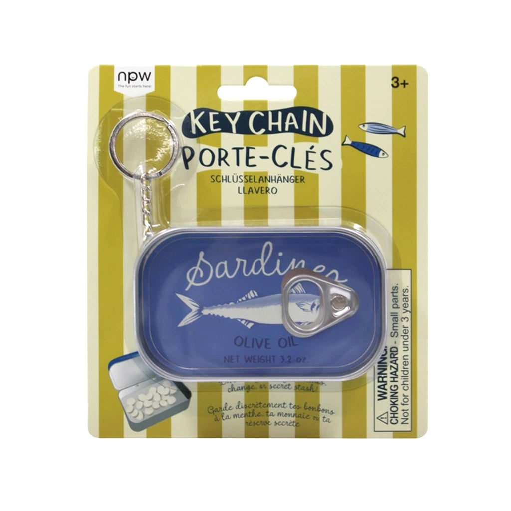 NPW Sardine Tin keychain in packaging, front view.