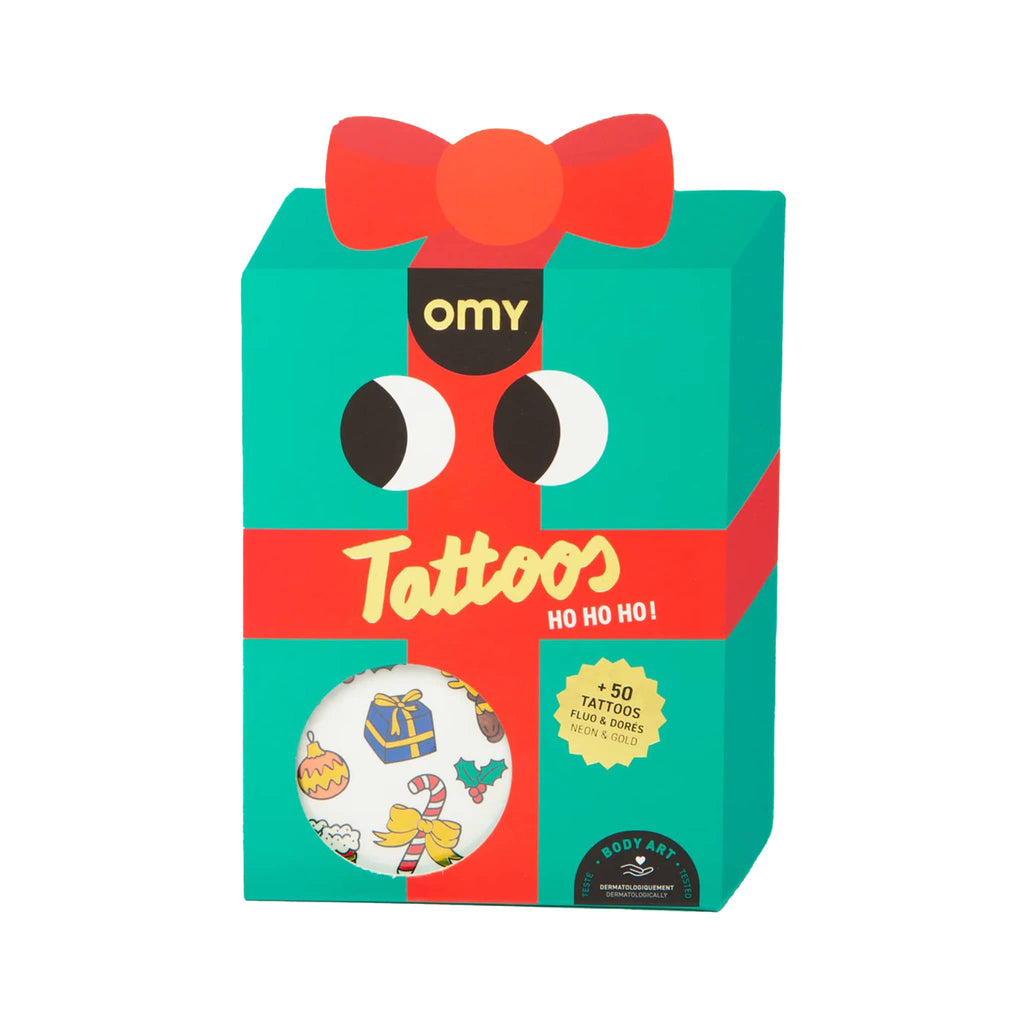 Omy Christmas-themed tattoos packaging with a festive design on a white background.