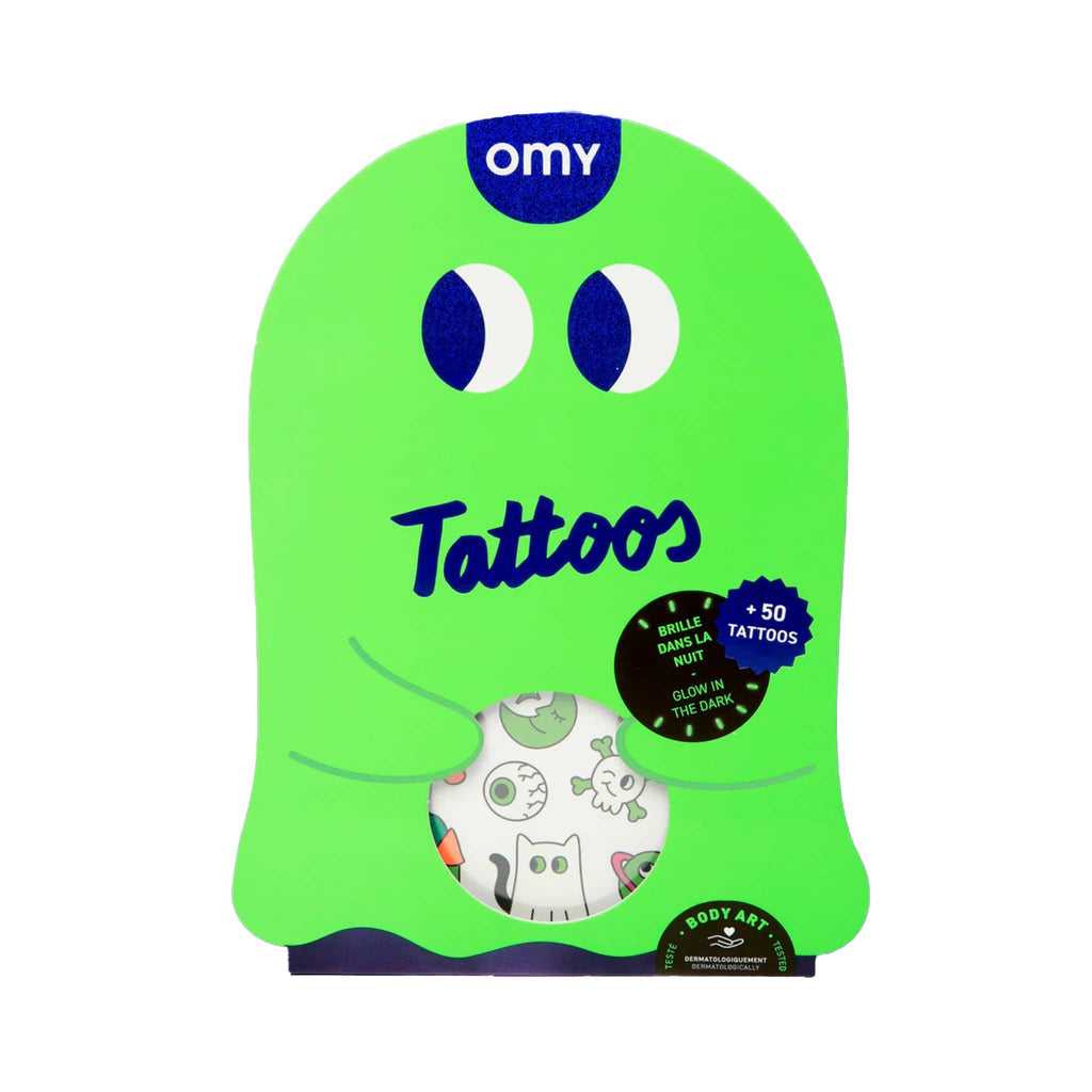 Green ghost shape packaging of OMY Halloween glow in the dark temporary tattoos on a white background.