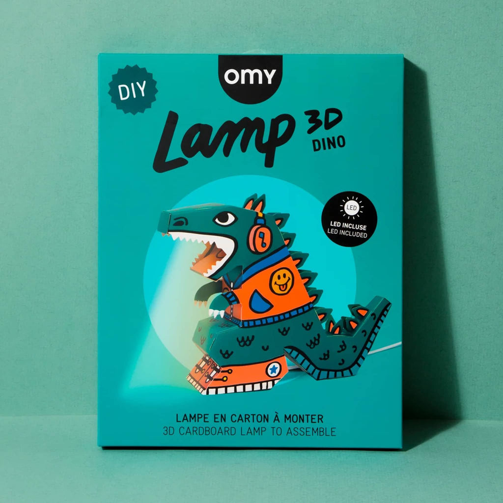 OMY Dino 3D Lamp DIY kit in green packaging, front view.