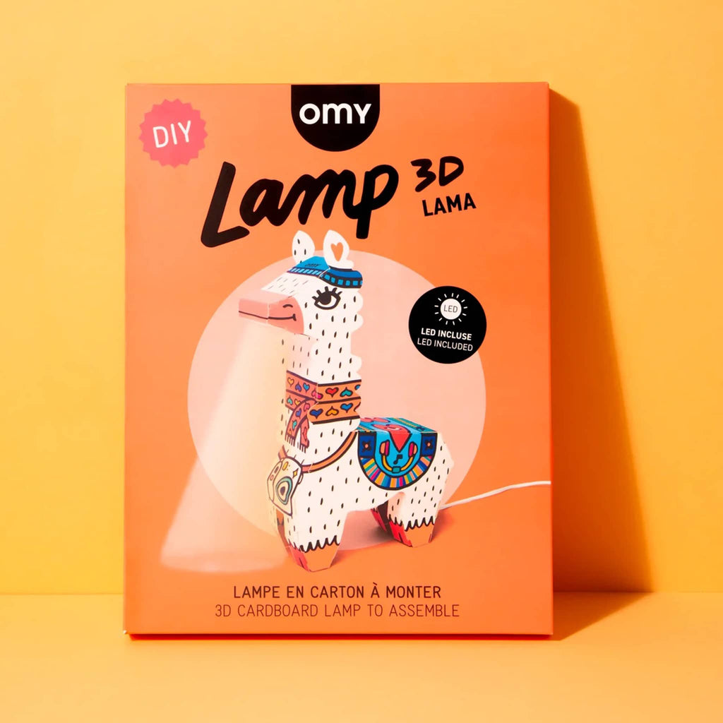 OMY Llama 3D Lamp DIY kit in orange packaging, front view.