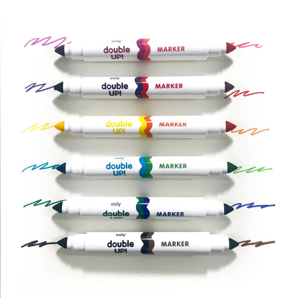 Ooly Double Up! Double-Ended Markers, set of 6, total of 12 colors, caps off with doodles showing marker colors.