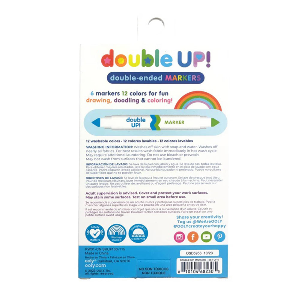 Ooly Double Up! Double-Ended Markers, set of 6, total of 12 colors, in box packaging, back view.