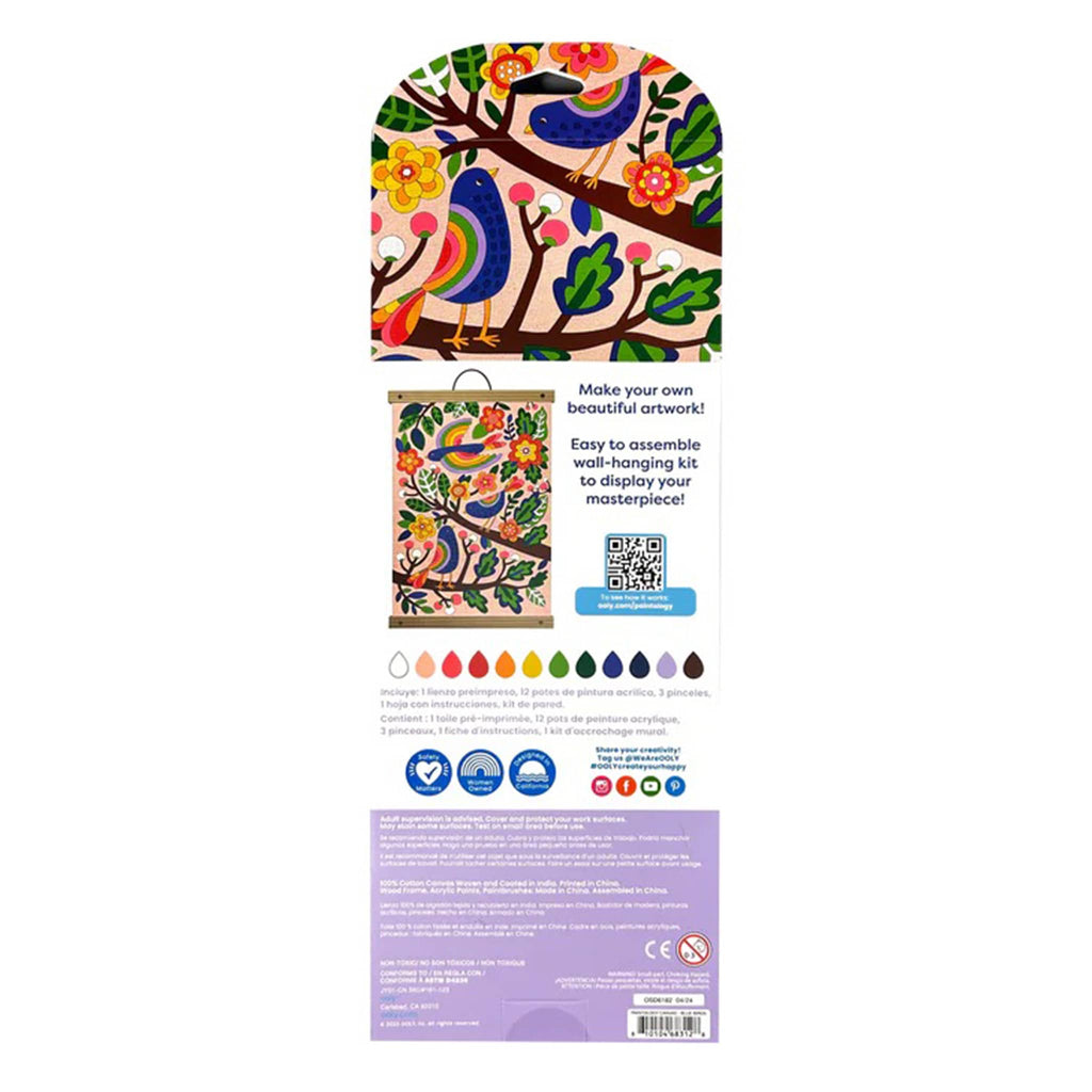 Ooly paintology paint by number canvas kit with blue birds design, in box packaging, back view.