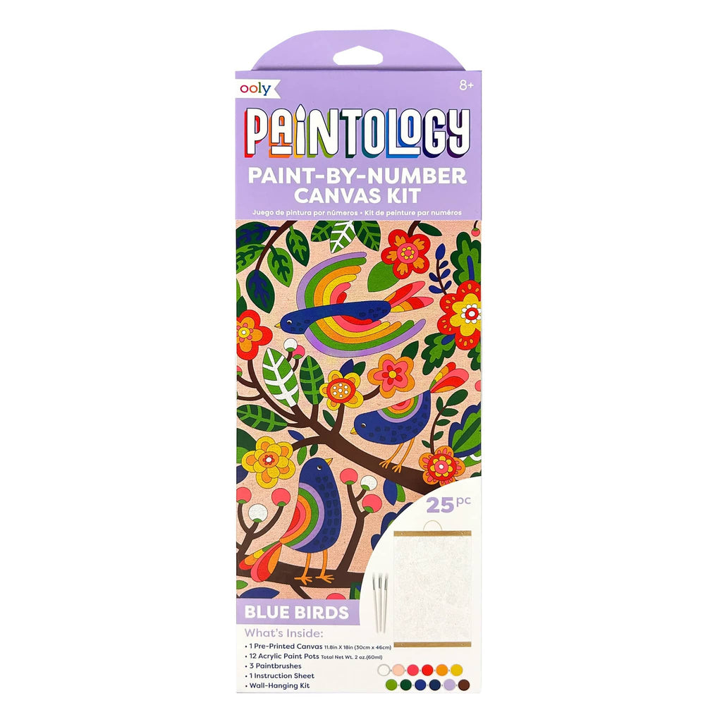 Ooly paintology paint by number canvas kit with blue birds design, in box packaging, front view.