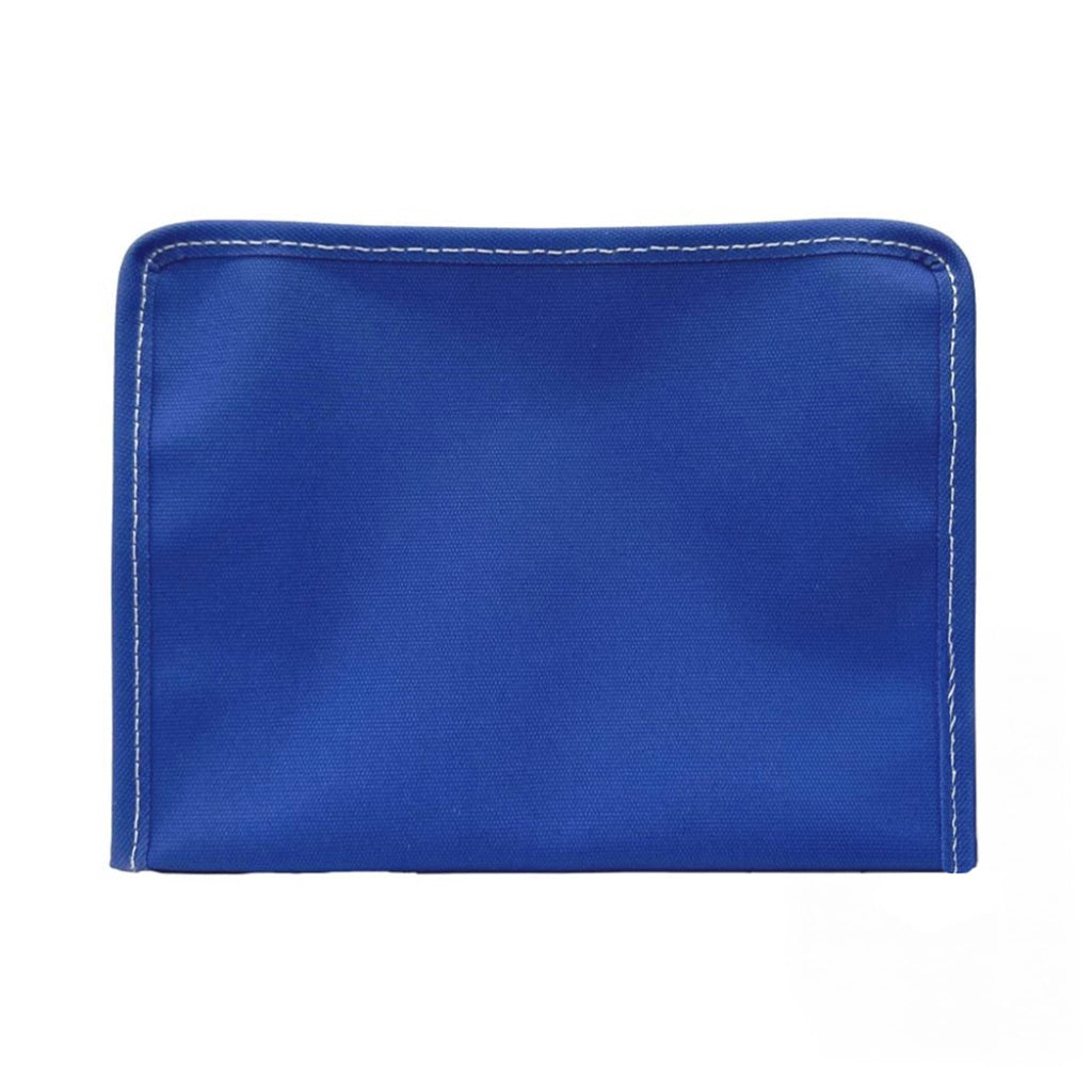 TRVL large blue bell coated cotton canvas roadie zip pouch, front view.
