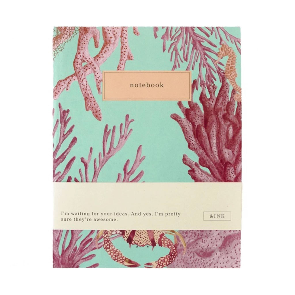 A-Journal Stationery INK notebook with pink and orange coral illustration on an aqua background, front cover.