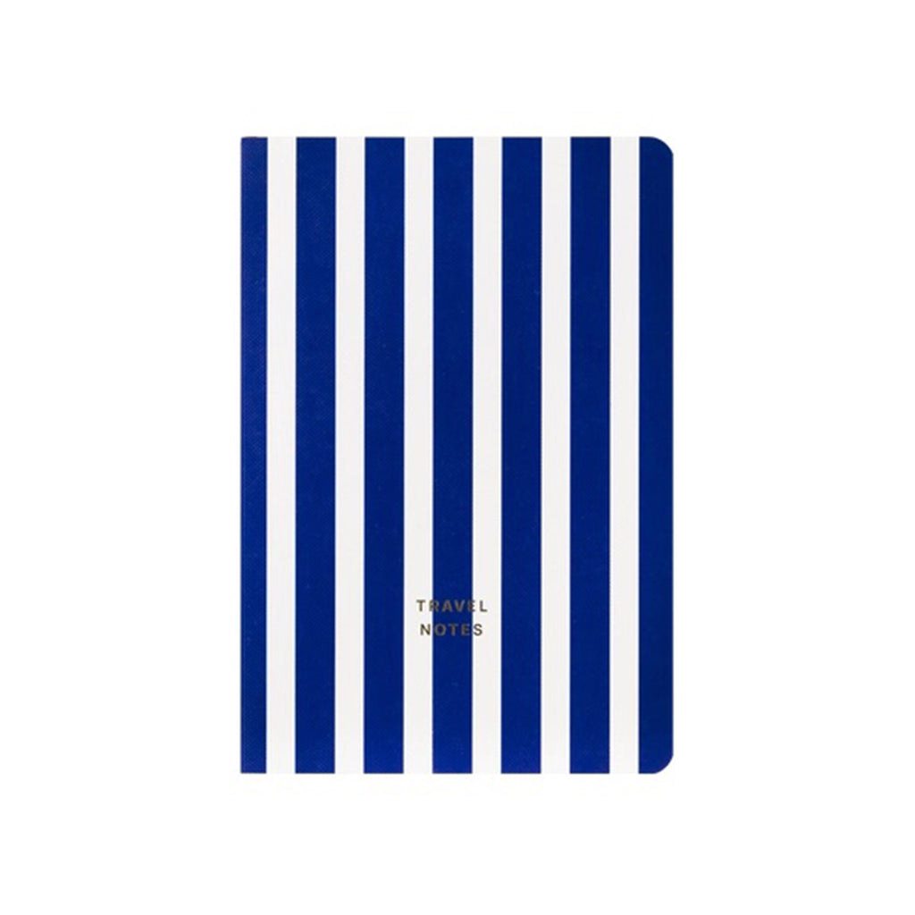 A-Journal Stationery blue and white striped softcover notebook, front cover with "travel notes" in gold foil.