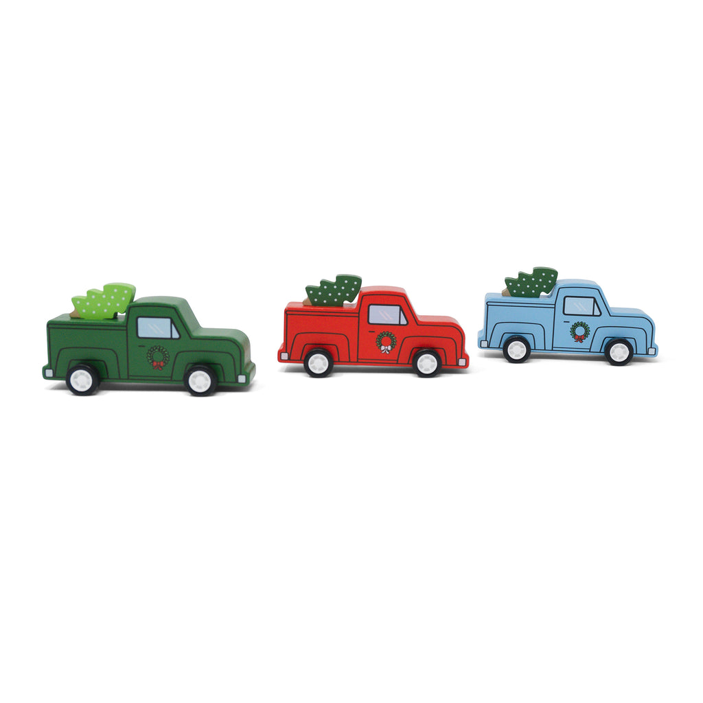 jack rabbit pullback christmas truck with tree in green, red and blue.