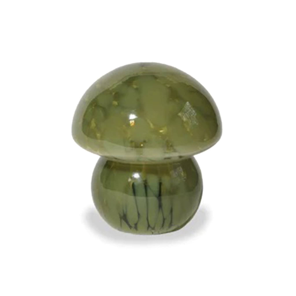 Green glass mushroom-shaped cordless led table lamp on a white background.