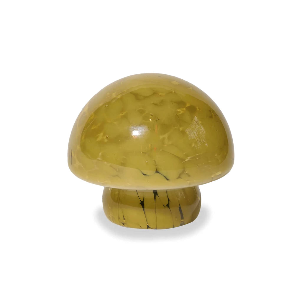 Yellow glass mushroom-shaped cordless led table lamp on a white background.
