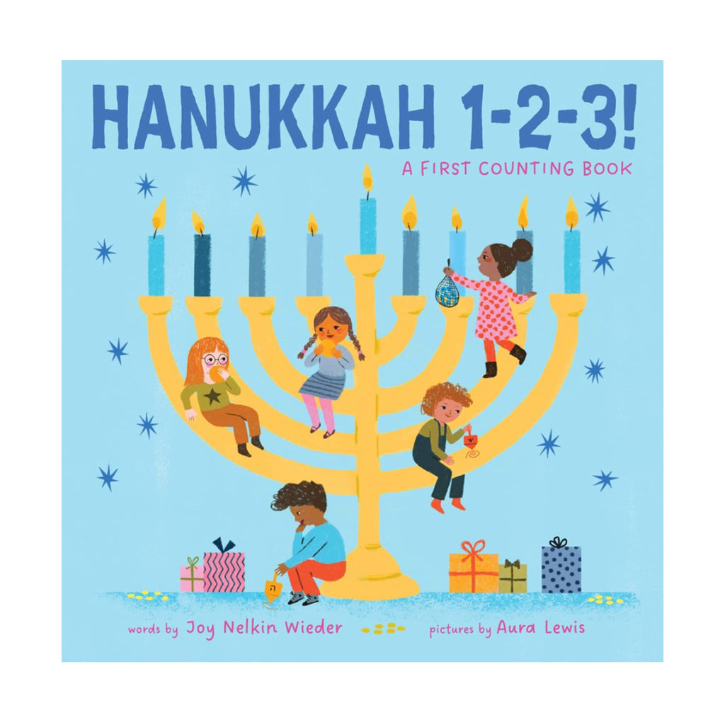 Book cover of 'Hanukkah 1-2-3!' with children around a menorah on a blue background.