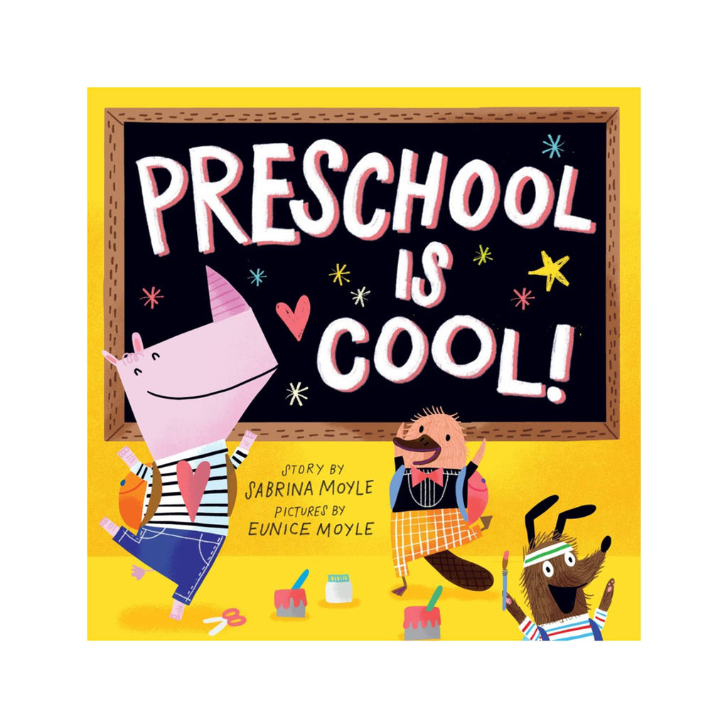 Book cover of 'Preschool is Cool!' with cartoon characters and colorful text.