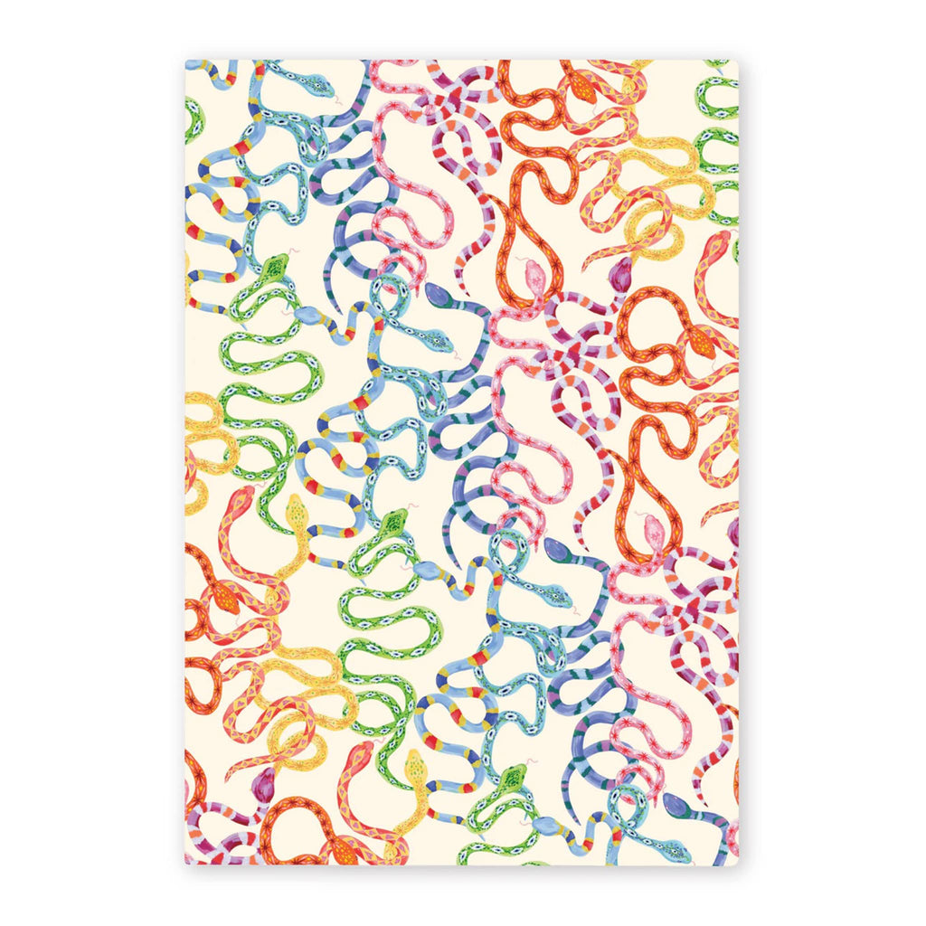 Adelfi Snaked large lined soft cover notebook journal, front cover shown with colorful snakes on an ivory background.