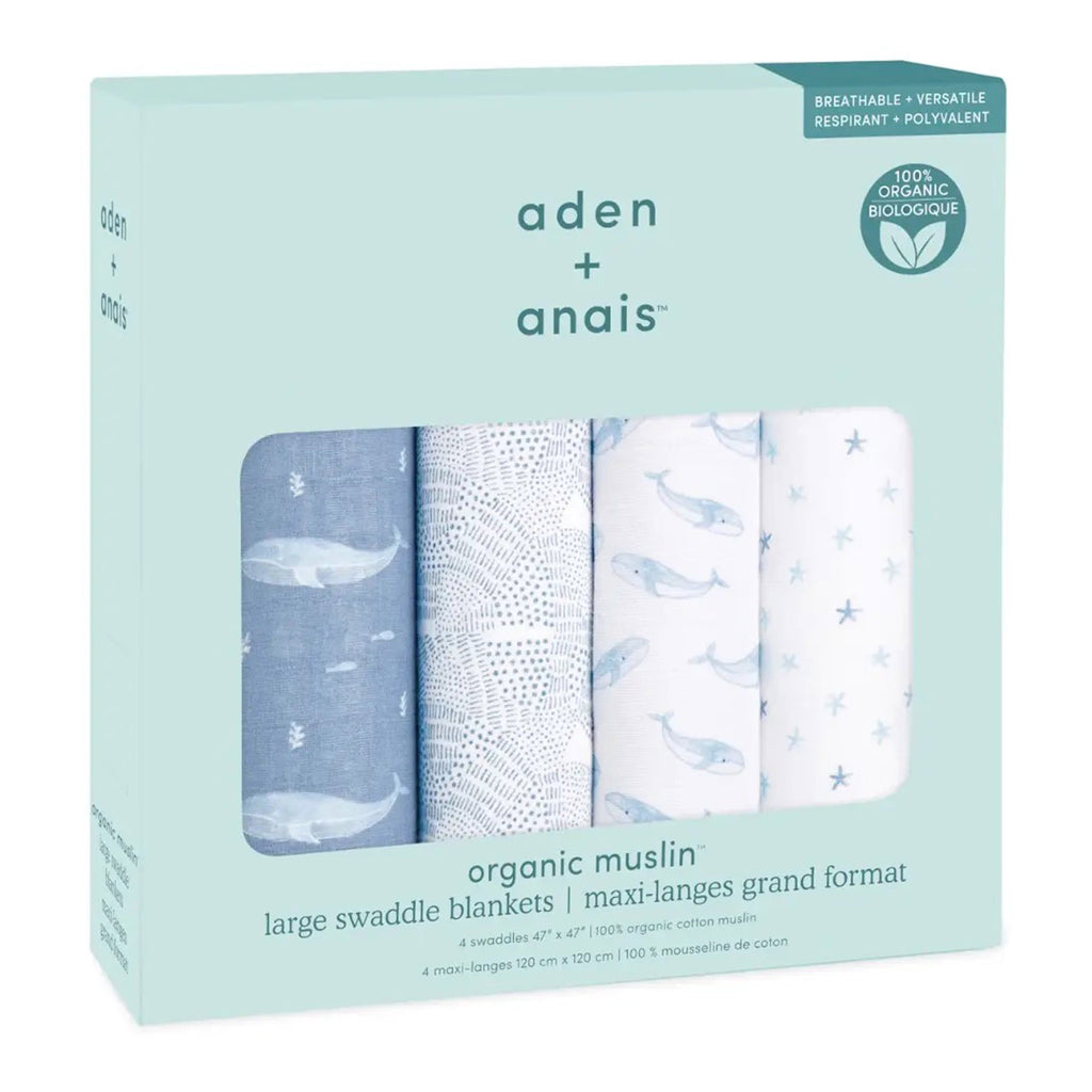 Aden + Anais Oceanic set of 4 organic cotton muslin baby swaddle blankets in box packaging.