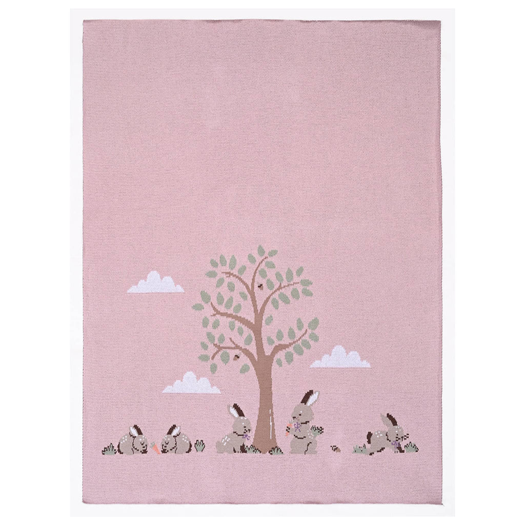 Alimrose Bunnies Day Out cotton baby blanket, flat.