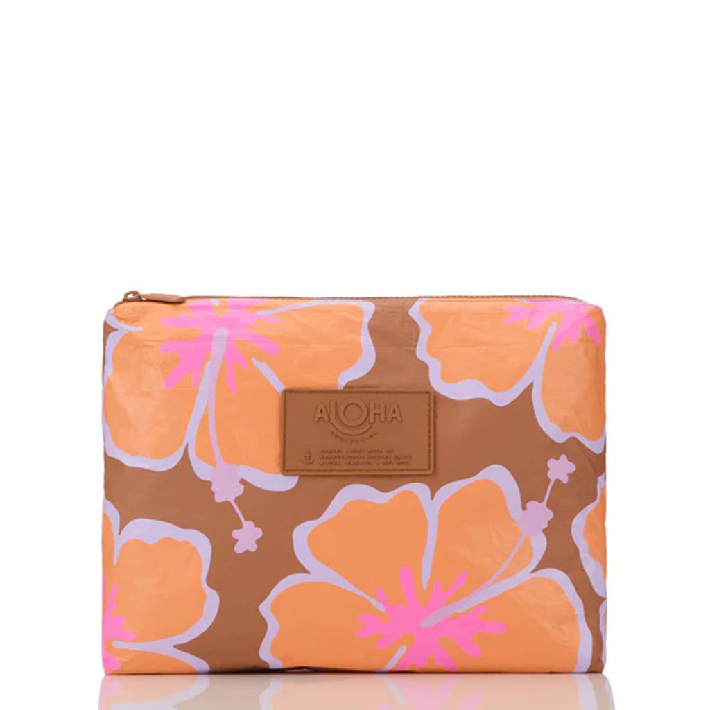 Aloha Collection Mid Pua Waikiki splash- proof zip pouch in toffee with pink and orange floral print, front view. 