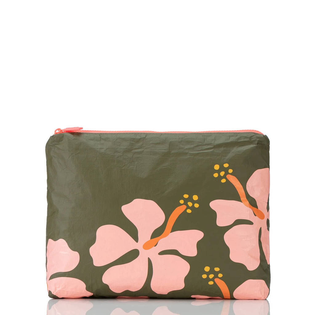 Aloha Collection Bellini on Olive Mo'orea medium splash-proof zip pouch with coral hibiscus flower print on an olive green backdrop, front view.