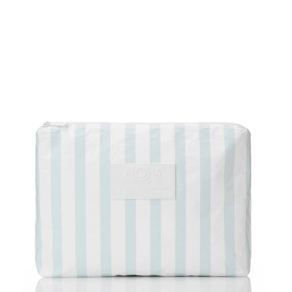 Aloha Collection Le Stripe medium splash-proof zip pouch with light blue and white vertical stripes, front view.