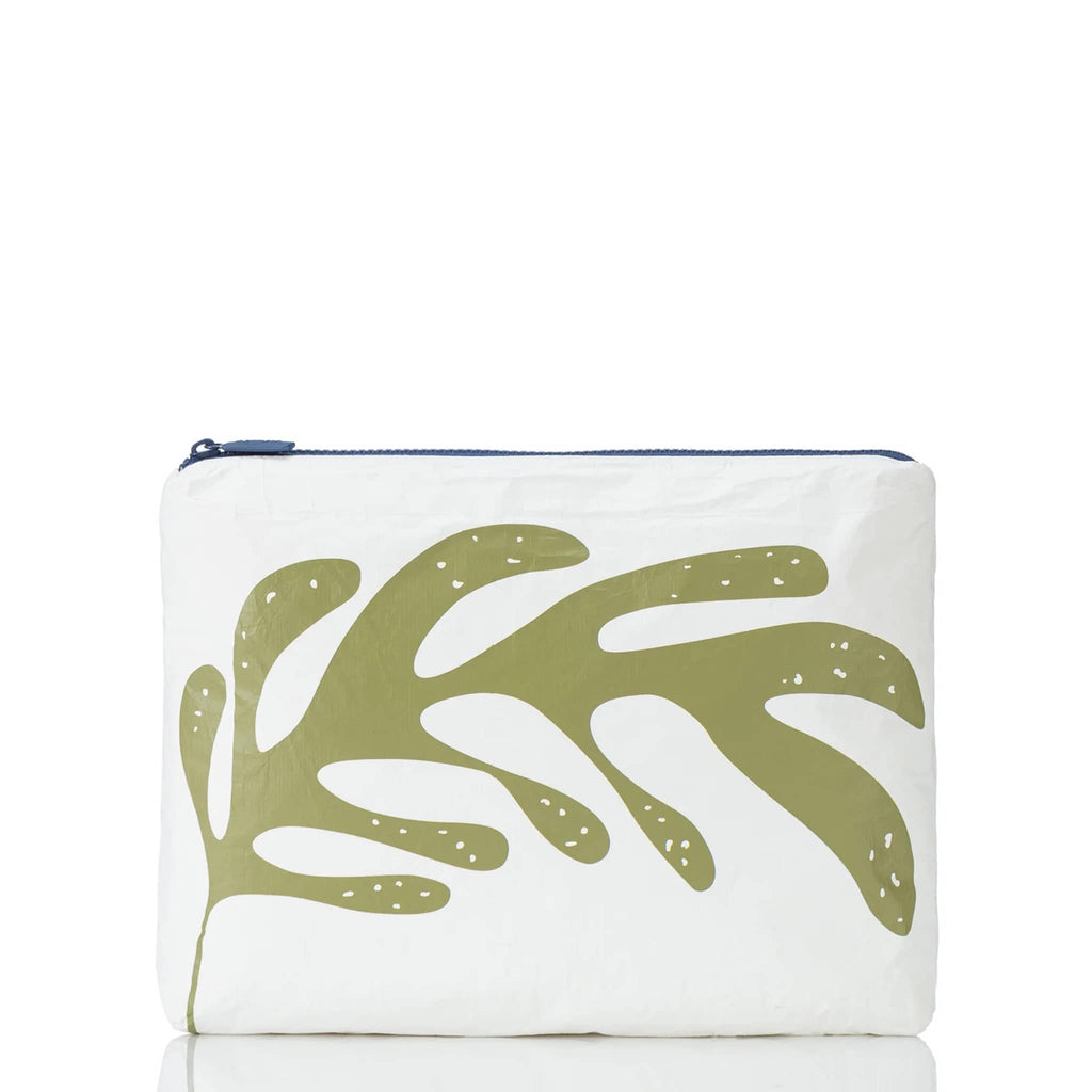 Aloha Collection Olive on White Laua'e medium splash-proof zip pouch with olive fern leaf print on a white backdrop, front view.